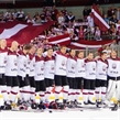 The Latvian players listen to the anthem after the 8-1 win against Austria. Photo: Jelena Levsina